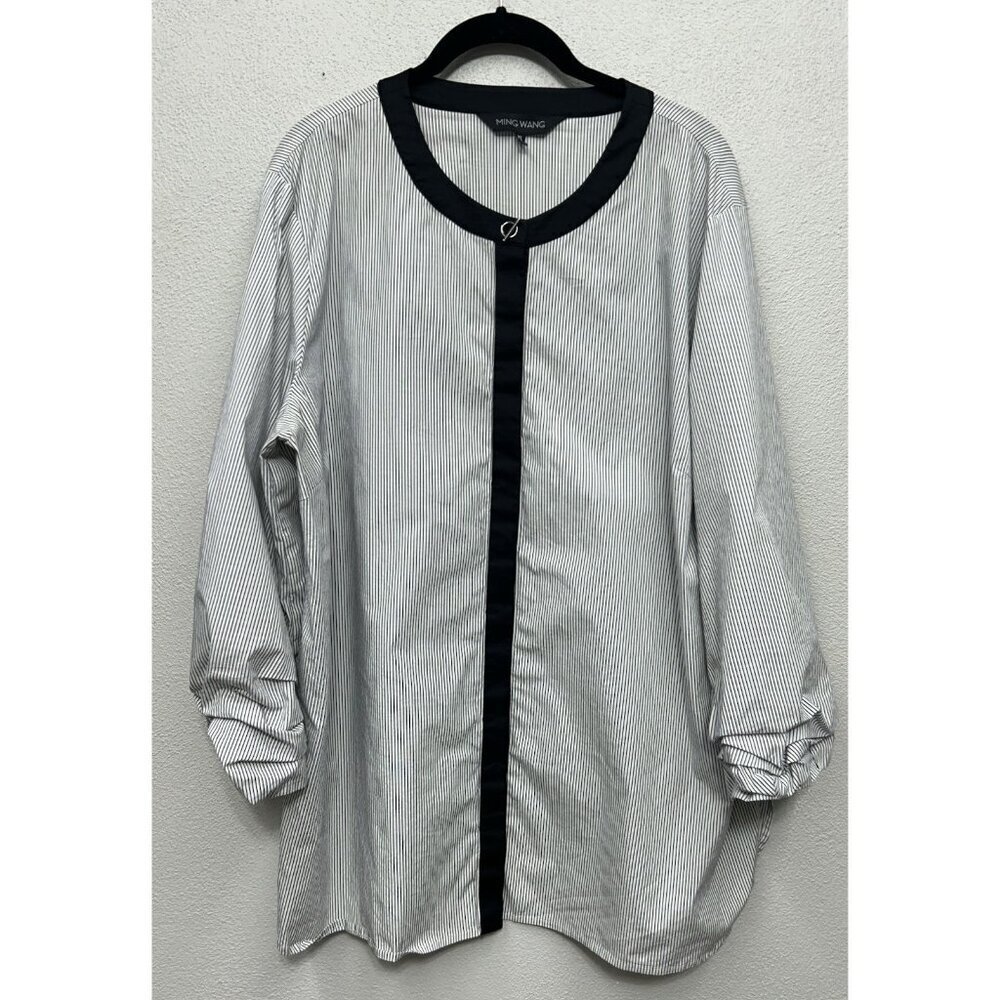 Ming Wang Women's Shirt Size XL Black White Stripe Ruched Sleeve Office Career